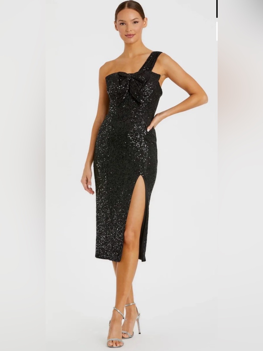 NWT IEENA by Mac Duggal Black One Shoulder Sequin Bow Midi Cocktail Dress Size 0